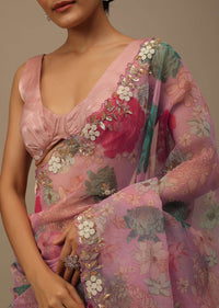 Petal Pink Organza Saree With Vibrant Floral Print And Cutdana Work