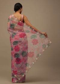 Petal Pink Organza Saree With Vibrant Floral Print And Cutdana Work