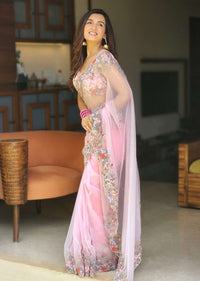 Petal Pink Saree In Organza With Resham Embroidered Floral Design On The Border