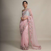 Petal Pink Saree In Organza With Resham Embroidered Floral Design On The Border