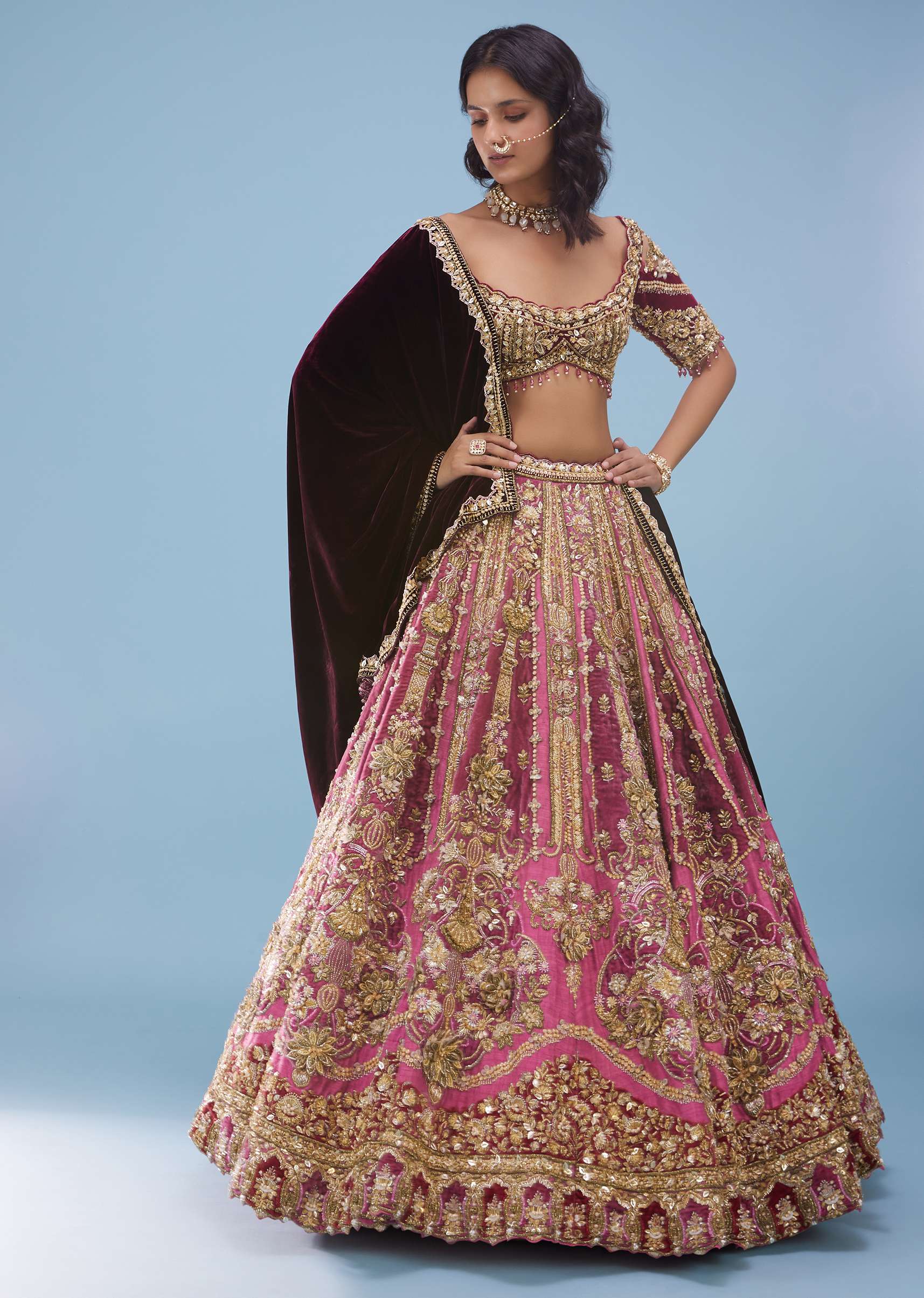 Petal Pink Wedding Lehenga With 3D Flower Embroidery - NOOR 2022