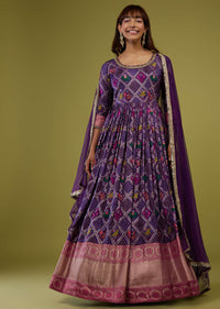 Violet Purple Silk Anarkali Suit With Banarasi Zari Border