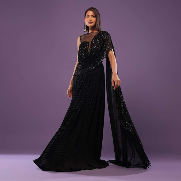 Phantom Black Embroidered Gown In Satin And Sequins