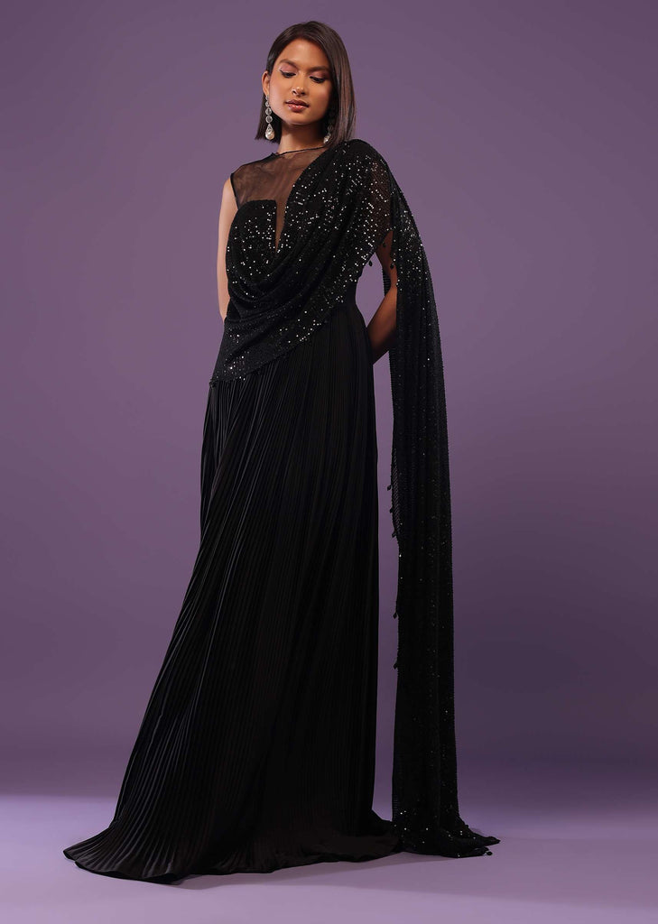 Phantom Black Embroidered Gown In Satin And Sequins