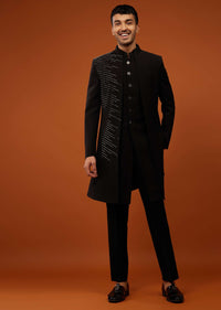 Phantom Black Indo-Western Sherwani Set Embroidered In Imported Suiting Fabric