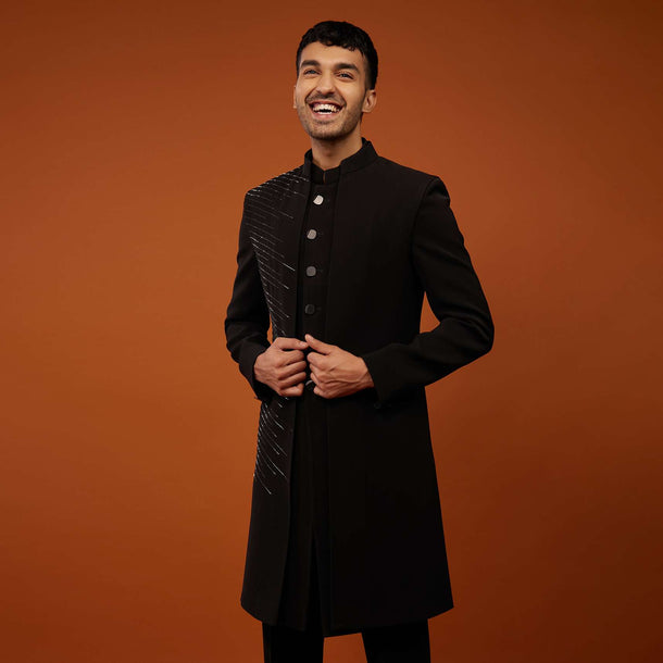 Phantom Black Indo-Western Sherwani Set Embroidered In Imported Suiting Fabric