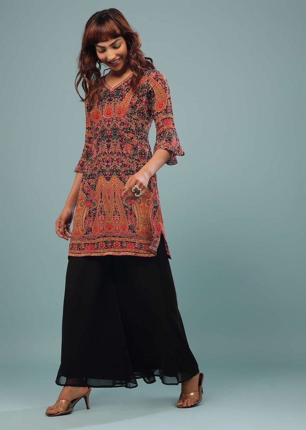 Black Printed Palazzo Suit In Georgette With Multicolored Kashmiri Print