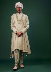 Beige Silk Sherwani Set With Embroidery