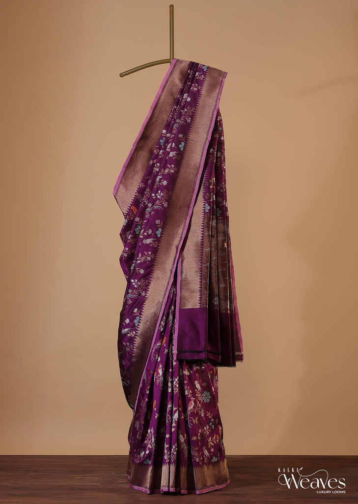 Plum Purple Banarasi Handloom Saree In Katan Silk With Unstitched Blouse