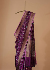 Plum Purple Banarasi Handloom Saree In Katan Silk With Unstitched Blouse