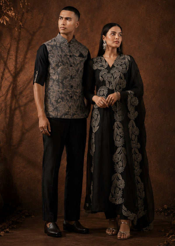 Classic Black Duo – Organza Suit For Her And Jacket Kurta Set For Him