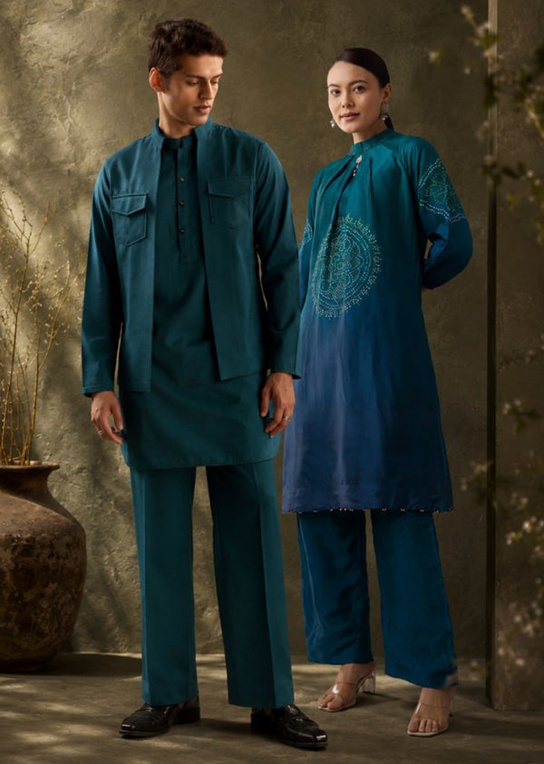 Contemporary Blue Festive Couple Set – Blue Ombre Silk Coord Set For Her And Blue Kurta Jacket Set For Him