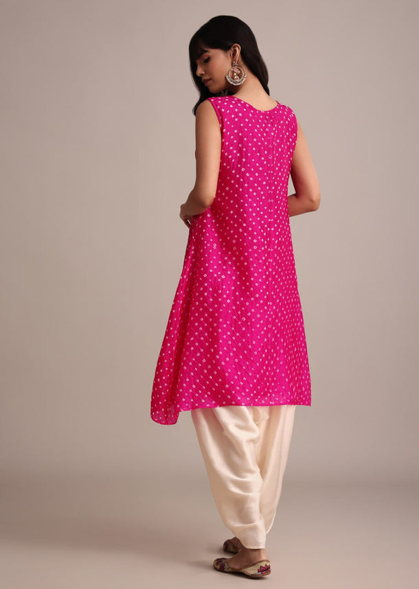 Rani Pink Silk Bandhani Print Kurta Dhoti Set