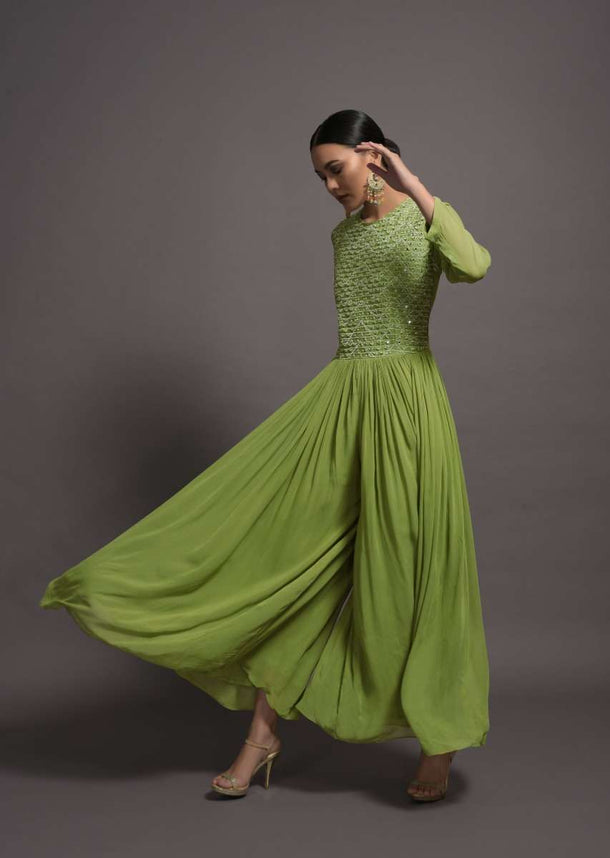 Pickle Green Georgette Jumpsuit With Mirror And Resham Embroidered Bodice