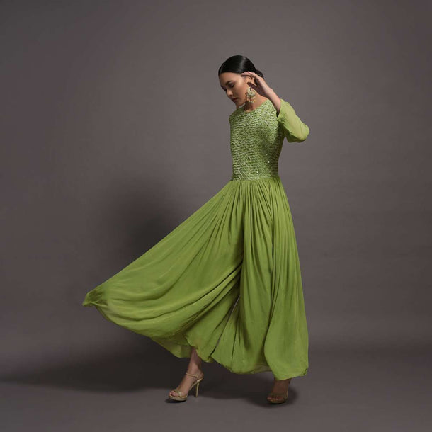 Pickle Green Georgette Jumpsuit With Mirror And Resham Embroidered Bodice