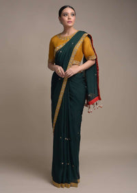 Pine Green Saree In Organza Silk Adorned With Zardozi And Beads Embroidered Floral Buttis Online - Kalki Fashion