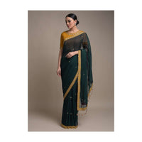 Pine Green Saree In Organza Silk Adorned With Zardozi And Beads Embroidered Floral Buttis Online - Kalki Fashion