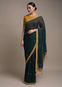 Pine Green Saree In Organza Silk Adorned With Zardozi And Beads Embroidered Floral Buttis Online - Kalki Fashion