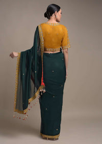 Pine Green Saree In Organza Silk Adorned With Zardozi And Beads Embroidered Floral Buttis Online - Kalki Fashion