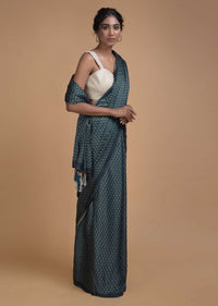 Pine Green Saree In Satin Blend With Printed Floral Buttis All Over Online - Kalki Fashion