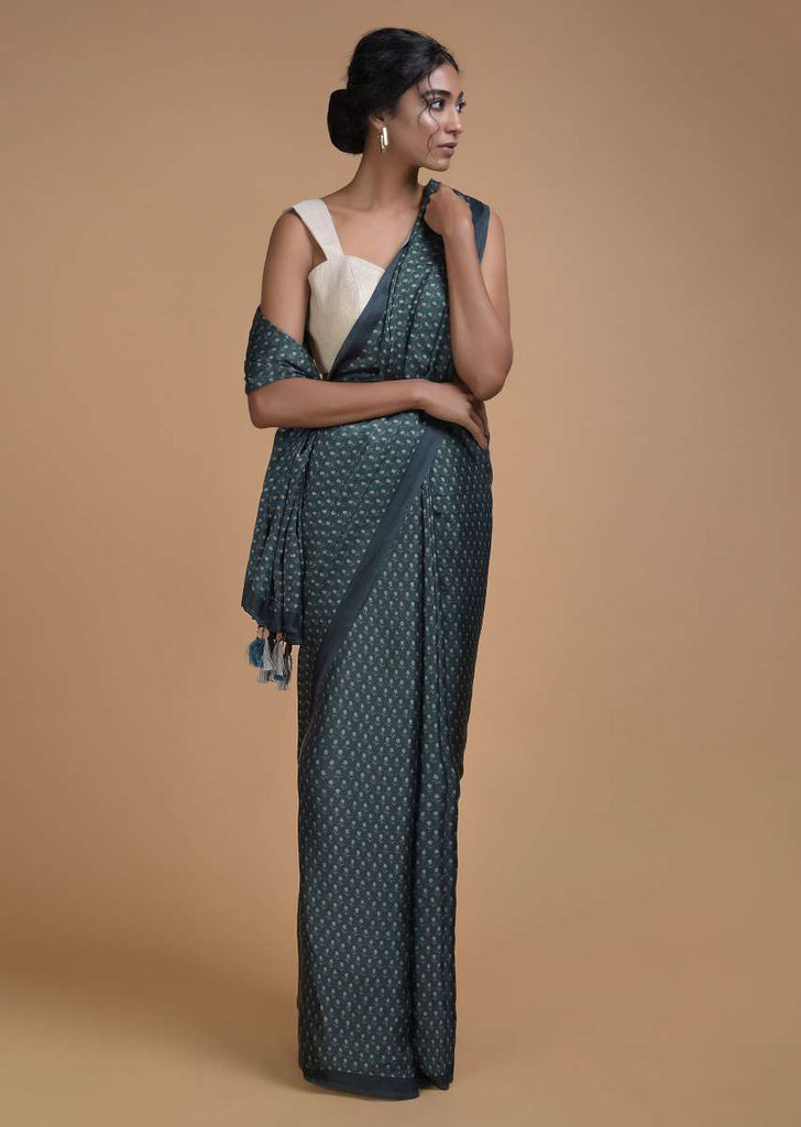 Pine Green Saree In Satin Blend With Printed Floral Buttis All Over Online - Kalki Fashion