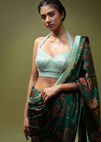 Pine Green Saree In Satin With Floral Print And Mint Sequins Blouse With Halter Neckline