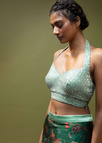 Pine Green Saree In Satin With Floral Print And Mint Sequins Blouse With Halter Neckline