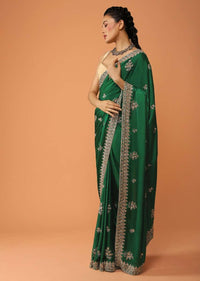 Pine Green Saree In Satin With Sequins And Zardosi Embroidered Floral Border And Butti Design Online - Kalki Fashion