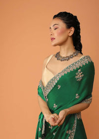 Pine Green Saree In Satin With Sequins And Zardosi Embroidered Floral Border And Butti Design Online - Kalki Fashion