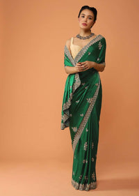 Pine Green Saree In Satin With Sequins And Zardosi Embroidered Floral Border And Butti Design Online - Kalki Fashion