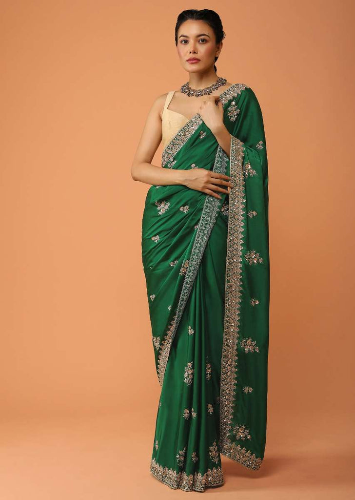 Pine Green Saree In Satin With Sequins And Zardosi Embroidered Floral Border And Butti Design Online - Kalki Fashion