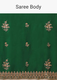 Pine Green Saree In Satin With Sequins And Zardosi Embroidered Floral Border And Butti Design Online - Kalki Fashion