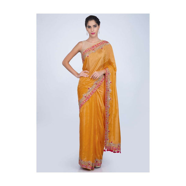 Pine yellow dupion silk saree with gotta embroidered border only on kalki