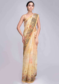 Pine yellow tussar silk saree featuring in digital watercolor print only on Kalki