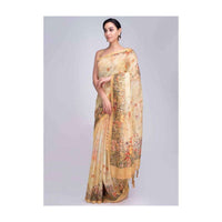 Pine yellow tussar silk saree featuring in digital watercolor print only on Kalki