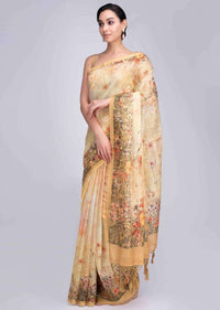 Pine yellow tussar silk saree featuring in digital watercolor print only on Kalki