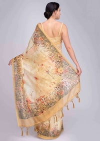 Pine yellow tussar silk saree featuring in digital watercolor print only on Kalki