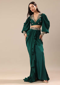 Pine Green Embroidered Blouse And Drape Skirt