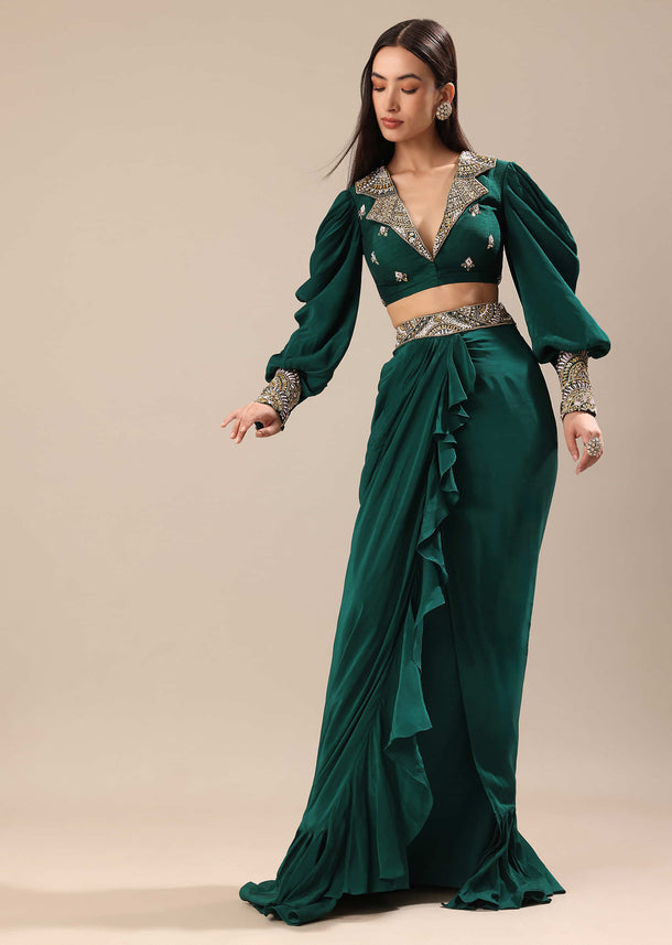 Pine Green Embroidered Blouse And Drape Skirt