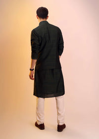 Pine Green Nehru Jacket And Kurta Set In Tussar Silk With Resham And Mirror Abla Embroidered Geometric Design