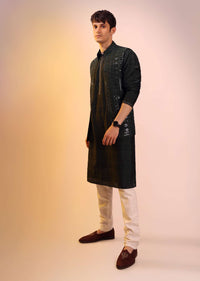 Pine Green Nehru Jacket And Kurta Set In Tussar Silk With Resham And Mirror Abla Embroidered Geometric Design