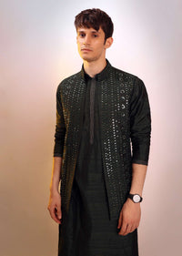 Pine Green Nehru Jacket And Kurta Set In Tussar Silk With Resham And Mirror Abla Embroidered Geometric Design