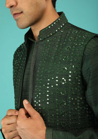 Pine Green Nehru Jacket And Kurta Set In Tussar Silk With Resham And Mirror Abla Embroidered Geometric Design