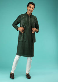 Pine Green Nehru Jacket And Kurta Set In Tussar Silk With Resham And Mirror Abla Embroidered Geometric Design