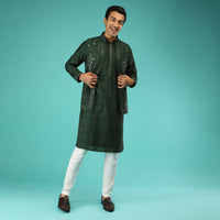 Pine Green Nehru Jacket And Kurta Set In Tussar Silk With Resham And Mirror Abla Embroidered Geometric Design