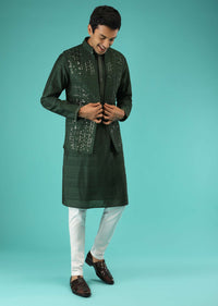 Pine Green Nehru Jacket And Kurta Set In Tussar Silk With Resham And Mirror Abla Embroidered Geometric Design