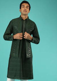 Pine Green Nehru Jacket And Kurta Set In Tussar Silk With Resham And Mirror Abla Embroidered Geometric Design