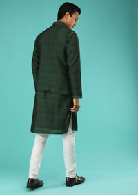 Pine Green Nehru Jacket And Kurta Set In Tussar Silk With Resham And Mirror Abla Embroidered Geometric Design