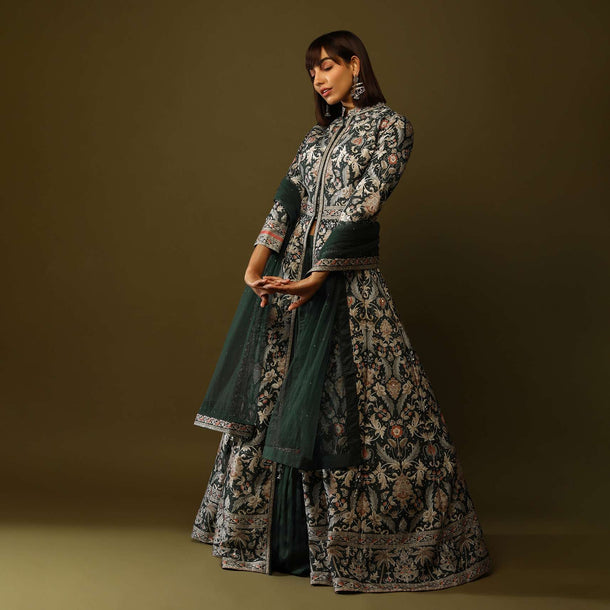 Pine Green Jacket Lehenga In Raw Silk With Floral Print And Mirror Work Online - Kalki Fashion