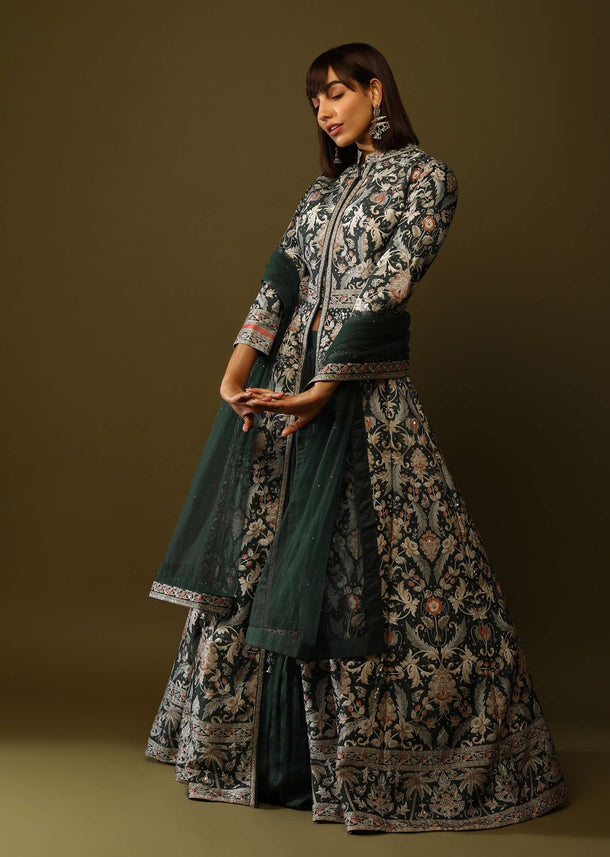 Pine Green Jacket Lehenga In Raw Silk With Floral Print And Mirror Work Online - Kalki Fashion